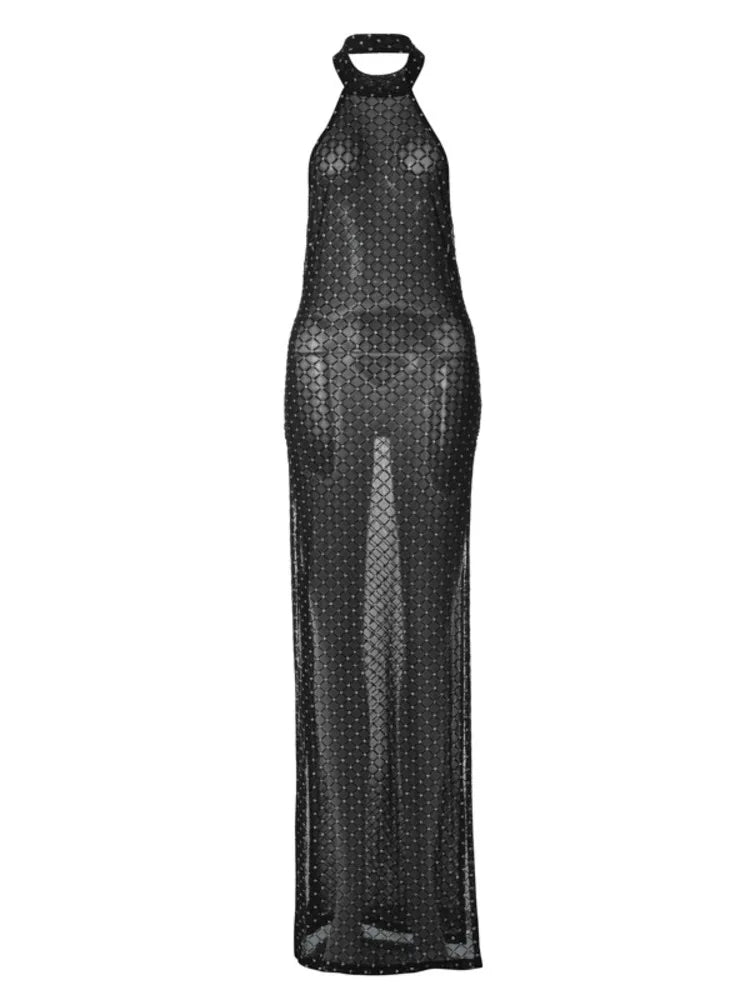 Sexy Backless Slit Perspective Dress For Women Hanging Neck Bodycon Elegant Evening Dress Female Slim Party NightClubwear