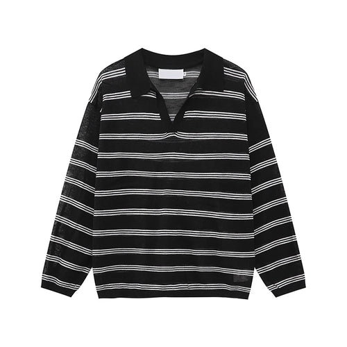 Load image into Gallery viewer, Men's Long Sleeve T-shirts New Korean Contrast Color Striped Design Loose Casual Turn-down Collar Male Handsome Top 9W1677
