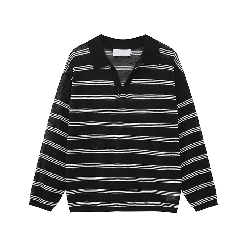 Men's Long Sleeve T-shirts New Korean Contrast Color Striped Design Loose Casual Turn-down Collar Male Handsome Top 9W1677