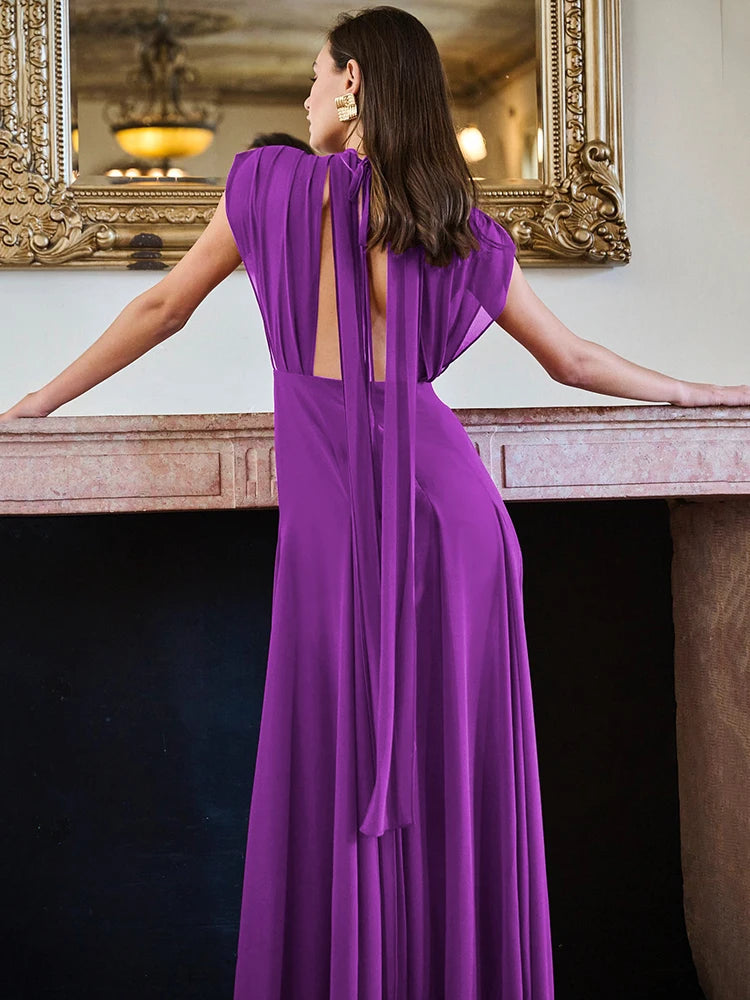 Deep V Neck High Split Sexy Maxi Dress For Women Fashion Purple Sleeveless Backless Long Tank Dress Femme Elegant Dress
