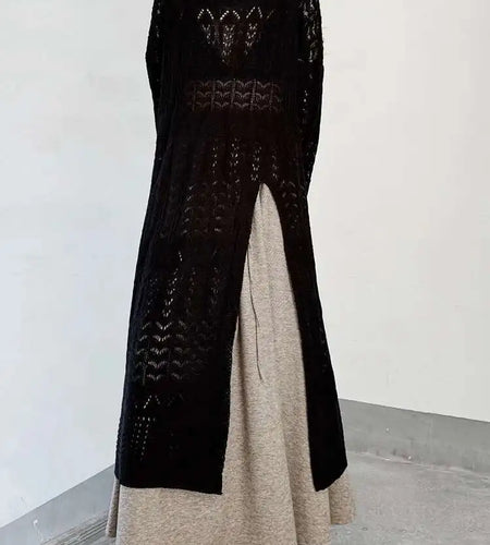 Women Black Big Size  Hollow Out Long Sweater Dress New Round Neck Long Sleeve Fashion Tide Spring Autumn 2025 1DJ0404