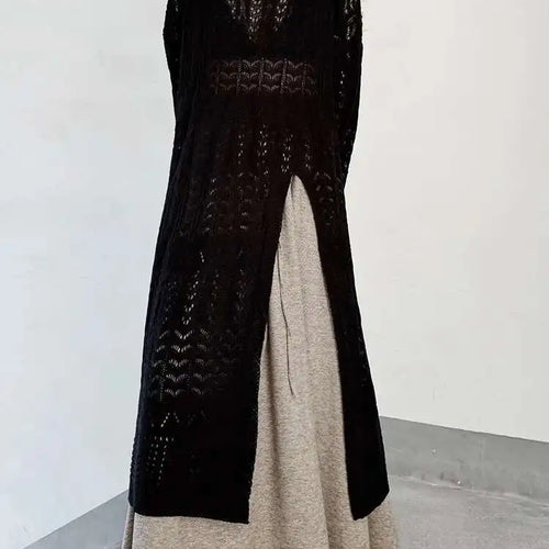 Load image into Gallery viewer, Women Black Big Size  Hollow Out Long Sweater Dress New Round Neck Long Sleeve Fashion Tide Spring Autumn 2025 1DJ0404
