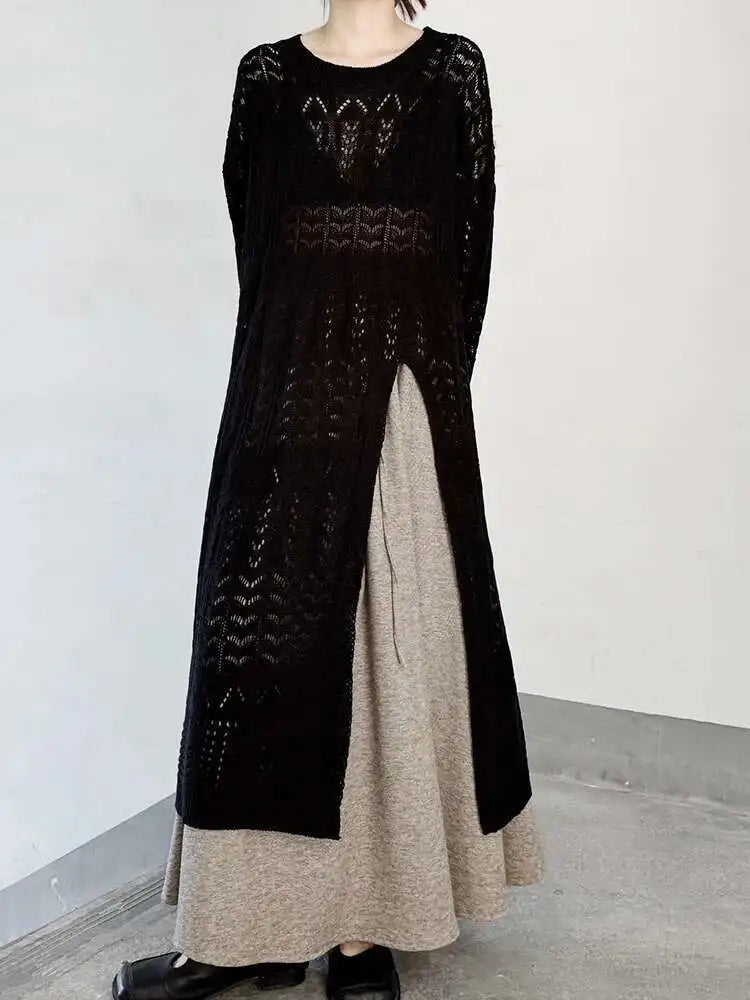 Women Black Big Size  Hollow Out Long Sweater Dress New Round Neck Long Sleeve Fashion Tide Spring Autumn 2025 1DJ0404