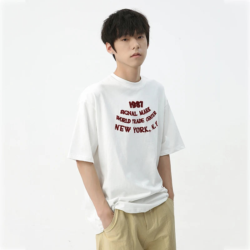 Simple Loose Men's T-shirts Casual Round Neck Short Sleeve Letter Printing Pullover Male Tops Trend Summer 9C5582