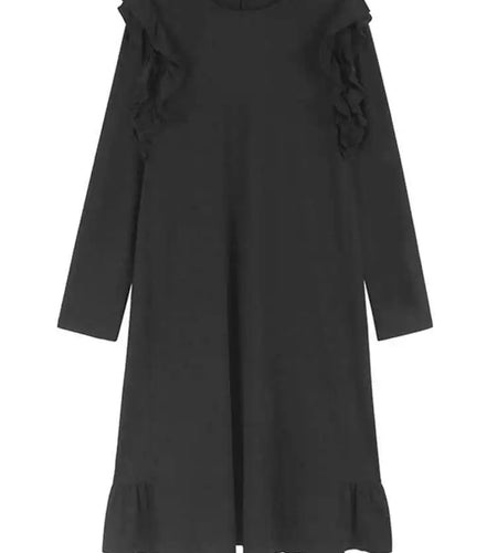 Women Black Ruffles Spliced Big Size Elegant Dress New Round Neck Long Sleeve Fashion Tide Spring Autumn 2025  1DH9813