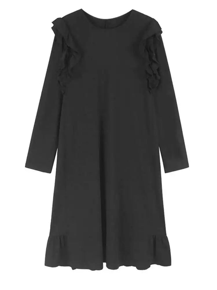 Women Black Ruffles Spliced Big Size Elegant Dress New Round Neck Long Sleeve Fashion Tide Spring Autumn 2025  1DH9813