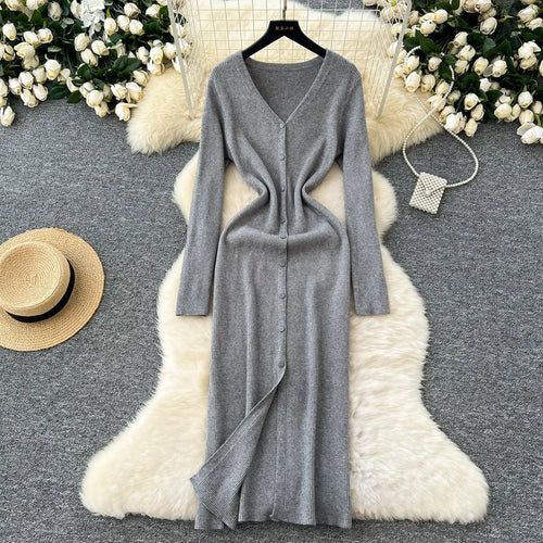 Load image into Gallery viewer, Korean Women Solid V-neck Single Breasted Festival Dresses Autumn Winter Slim Long Sleeve Office Knitted Dress Ladies Simplicity
