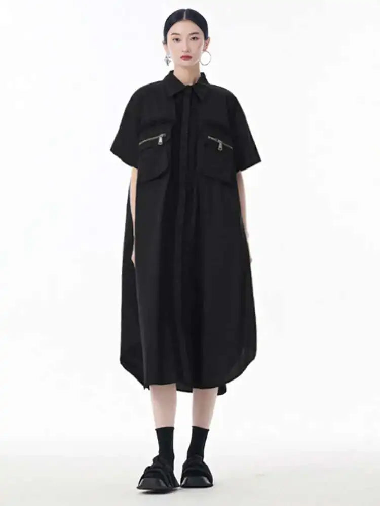 Women White Mesh Color-block Big Size Midi Shirt Dress New Lapel Short Sleeve Fashion Tide Spring Summer 2025 1DJ0003