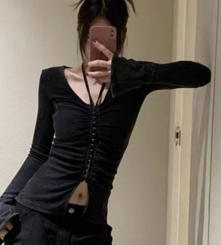 Autumn Black Sexy Halter Streetwear Tees Single Breasted Pleated Harajuku Slim Tops Grunge Split Women T-shirts Y2k Aesthetic