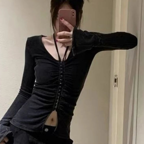 Load image into Gallery viewer, Autumn Black Sexy Halter Streetwear Tees Single Breasted Pleated Harajuku Slim Tops Grunge Split Women T-shirts Y2k Aesthetic
