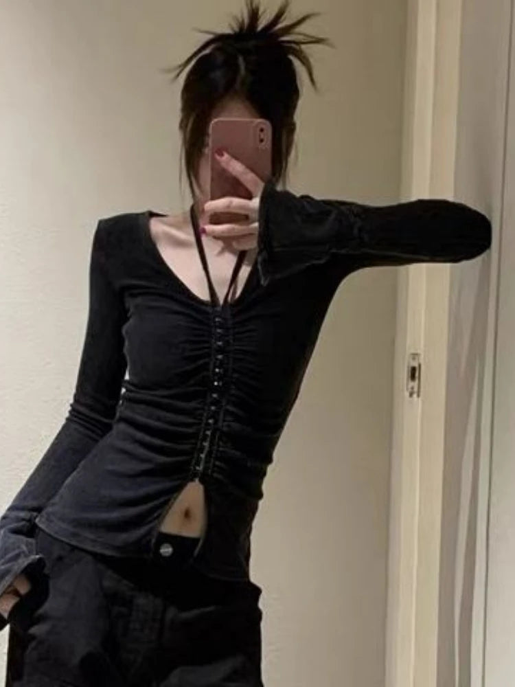 Autumn Black Sexy Halter Streetwear Tees Single Breasted Pleated Harajuku Slim Tops Grunge Split Women T-shirts Y2k Aesthetic