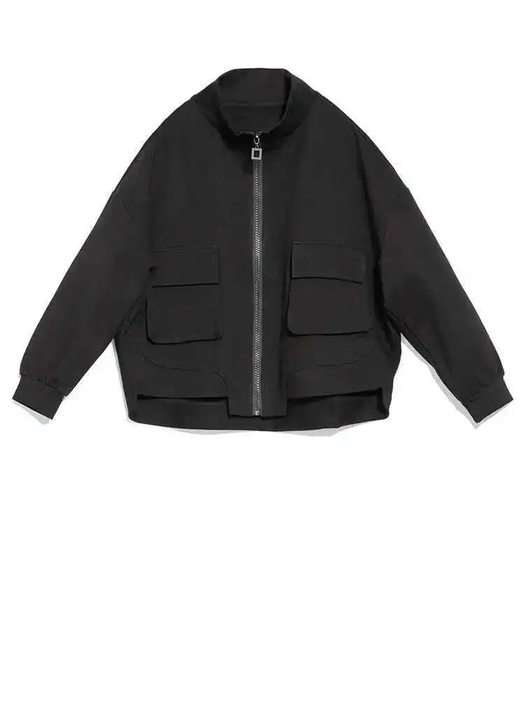 Black Pocket Big Size Casual Jacket New Stand Collar Long Sleeve Women Coat Fashion Tide Spring Autumn 2025 1DH5067
