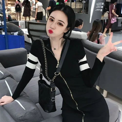 Load image into Gallery viewer, Korean Zip Black Bodycon Mini Dress Women 2024 Spring Kpop Striped Streetwear Wrap Long Sleeve Short Dresses Chic
