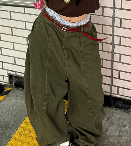 High Waist Green Brief Vintage Long Casual Wide Leg Jeans New Women Trousers Fashion Tide Spring Autumn 2025 1DJ0110