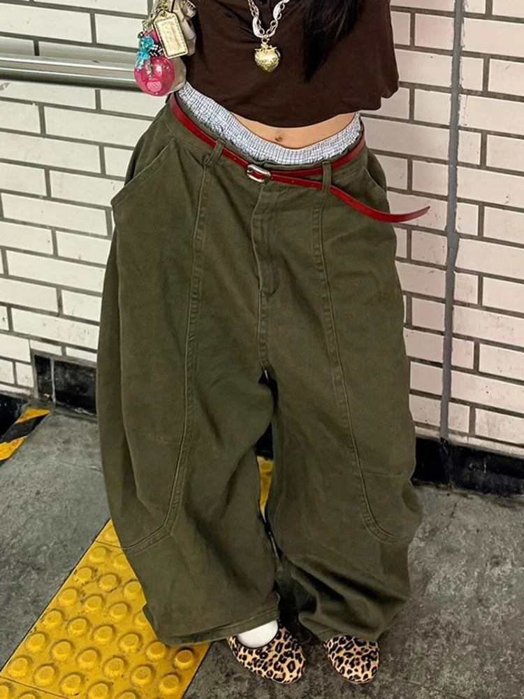 High Waist Green Brief Vintage Long Casual Wide Leg Jeans New Women Trousers Fashion Tide Spring Autumn 2025 1DJ0110