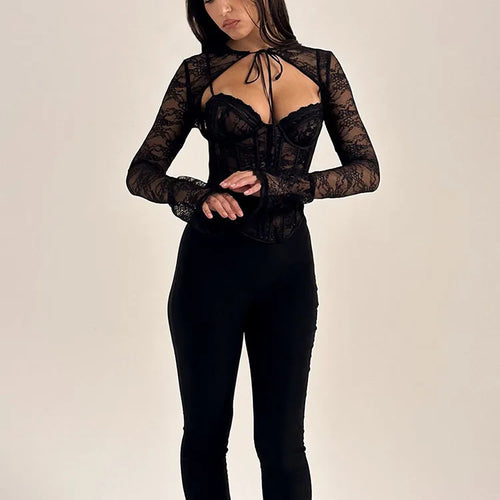 Load image into Gallery viewer, Elegant Lace Printed Patchwork Long Sleeve Hollow Out Women Top Set Sexy Perspective Fishbone Tight Strap Up 2025 Set
