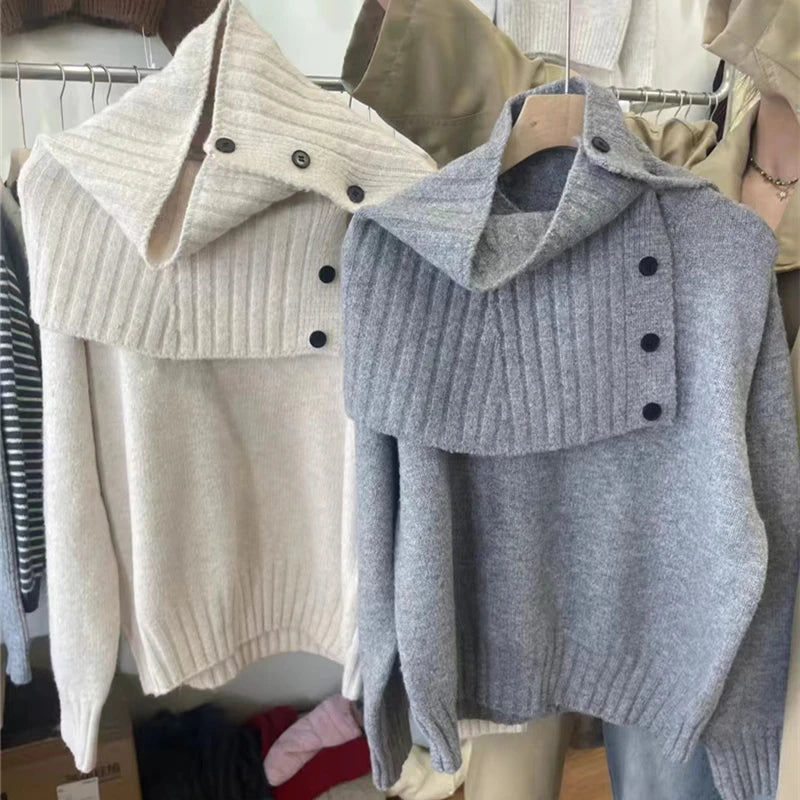 Autumn Winter Grey Long Sleeves Sweater Korean Fashion Women's Beige Holiday Knitted Scarf Tops Casual Versatile Simplicity Chic