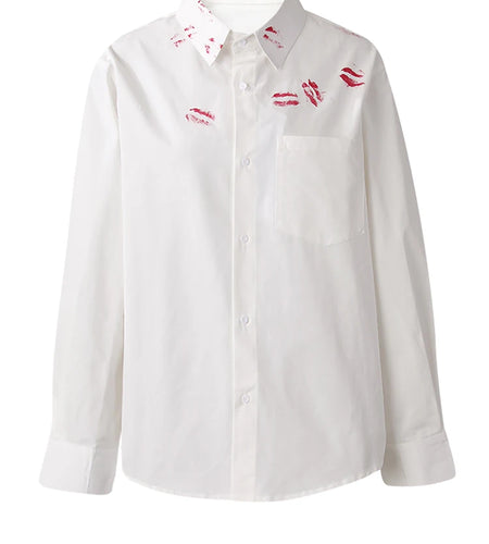 Women White Pattern Printed Big Size Casual Blouse New Lapel Long Sleeve Shirt Fashion Tide Spring Autumn 2025  CPG3062