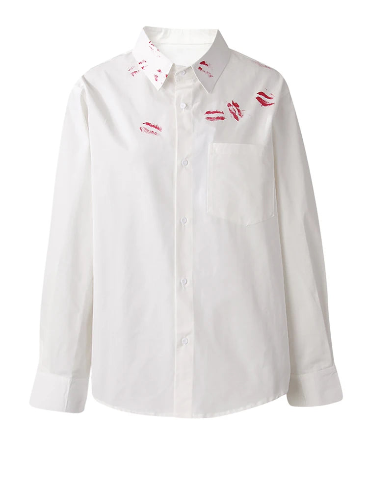 Women White Pattern Printed Big Size Casual Blouse New Lapel Long Sleeve Shirt Fashion Tide Spring Autumn 2025  CPG3062