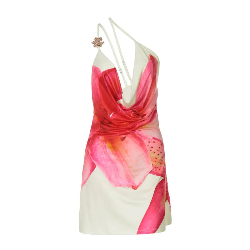 One Shoulder Backless Print Sexy Mini Dress Women Summer New Hollow Out Sleeveless Ruched Beach Club Party Dress