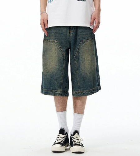 High Street Men's  Denim Shorts American Washed Solid Color Straight Leg Design Cropped Male Short Jeans 9W1469