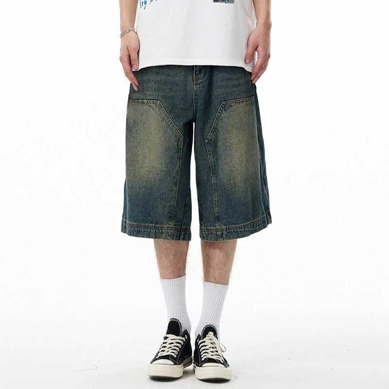 High Street Men's  Denim Shorts American Washed Solid Color Straight Leg Design Cropped Male Short Jeans 9W1469