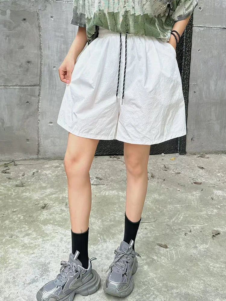 Women White Drawstring Pocket Casual Wide Leg Shorts New High Waist Trousers Fashion Tide Spring Summer 2025 1DJ1389