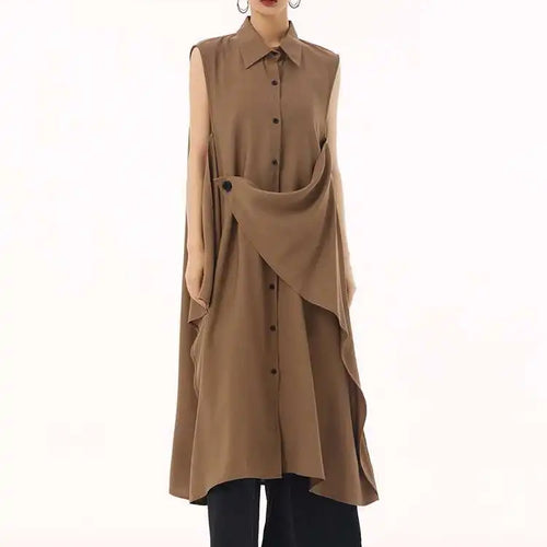 Load image into Gallery viewer, Women Khaki Irregular Spliced Big Size Midi Shirt Dress New Lapel Sleeveless Fashion Tide Spring Summer 2025 1DH9434
