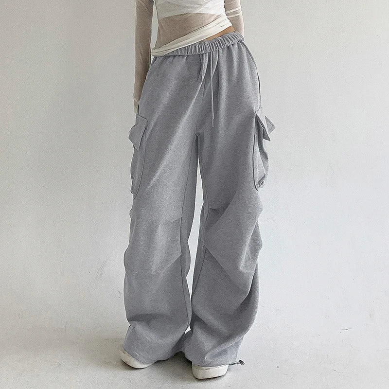 Casual Solid Drawstring Autumn Sweatpants Sports Draped Baggy Cargo Trousers Women Korean Basic Jogging Outfits