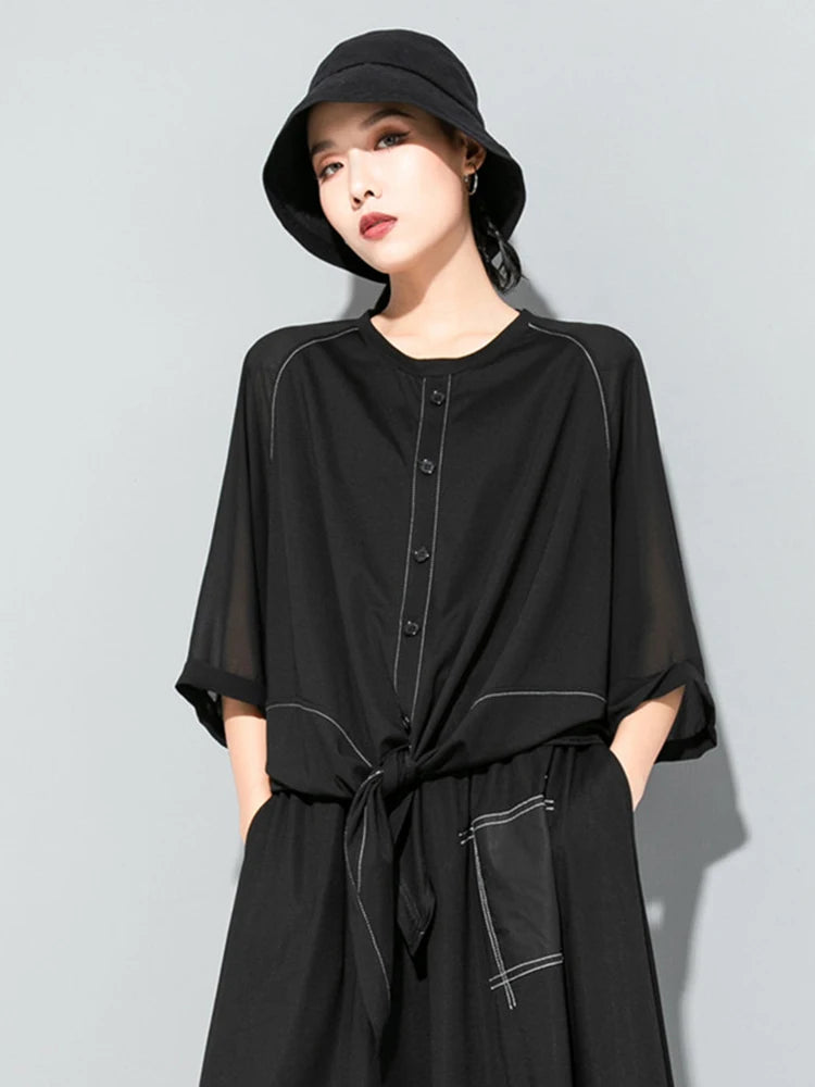 Women White Hem Bandage Big Size T-shirt New Round Neck Three-quarter Sleeve Fashion Tide Spring Autumn 2025 1DJ1828