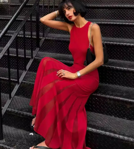 Red Sleeveless Knit Dress For Women Fashion Hollow Out O Neck Pleated Maxi Dress Ladies Solid Beach Party Long Dress
