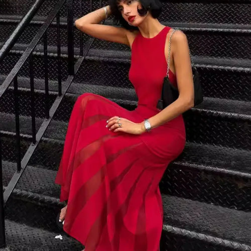 Load image into Gallery viewer, Red Sleeveless Knit Dress For Women Fashion Hollow Out O Neck Pleated Maxi Dress Ladies Solid Beach Party Long Dress
