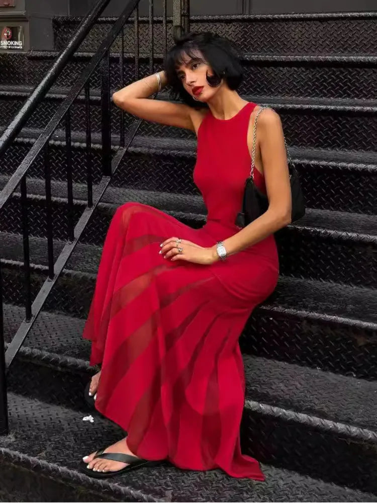 Red Sleeveless Knit Dress For Women Fashion Hollow Out O Neck Pleated Maxi Dress Ladies Solid Beach Party Long Dress
