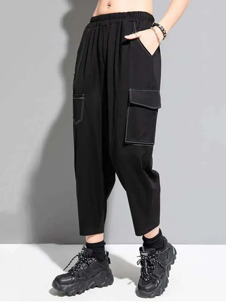 High Elastic Waist Black Color-block Long Harem Pants New Loose Fit Trousers Women Fashion Tide Spring Summer 2025 1DF8821