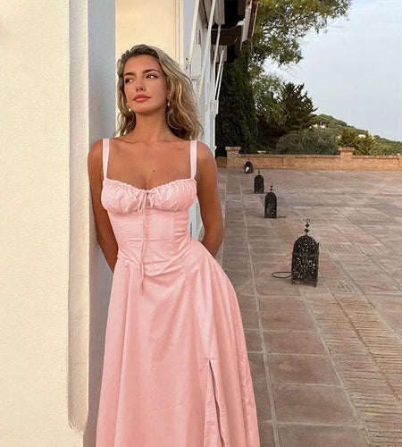 Summer Spaghetti Strap Midi Dress Elegant Long Lace Up Party Go Out Holiday Dress Balck Casual Dress for Women 2023