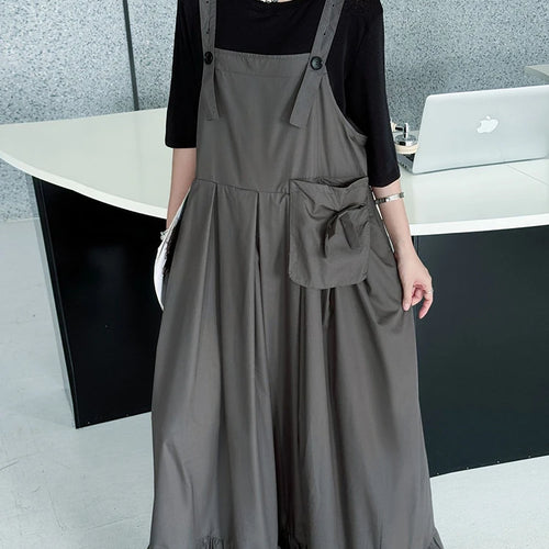 Load image into Gallery viewer, Women Black Ruffles Pocket Big Size Midi Strap Dress New Square Collar Sleeveless Fashion Tide Spring Autumn 2025 1DJ1158
