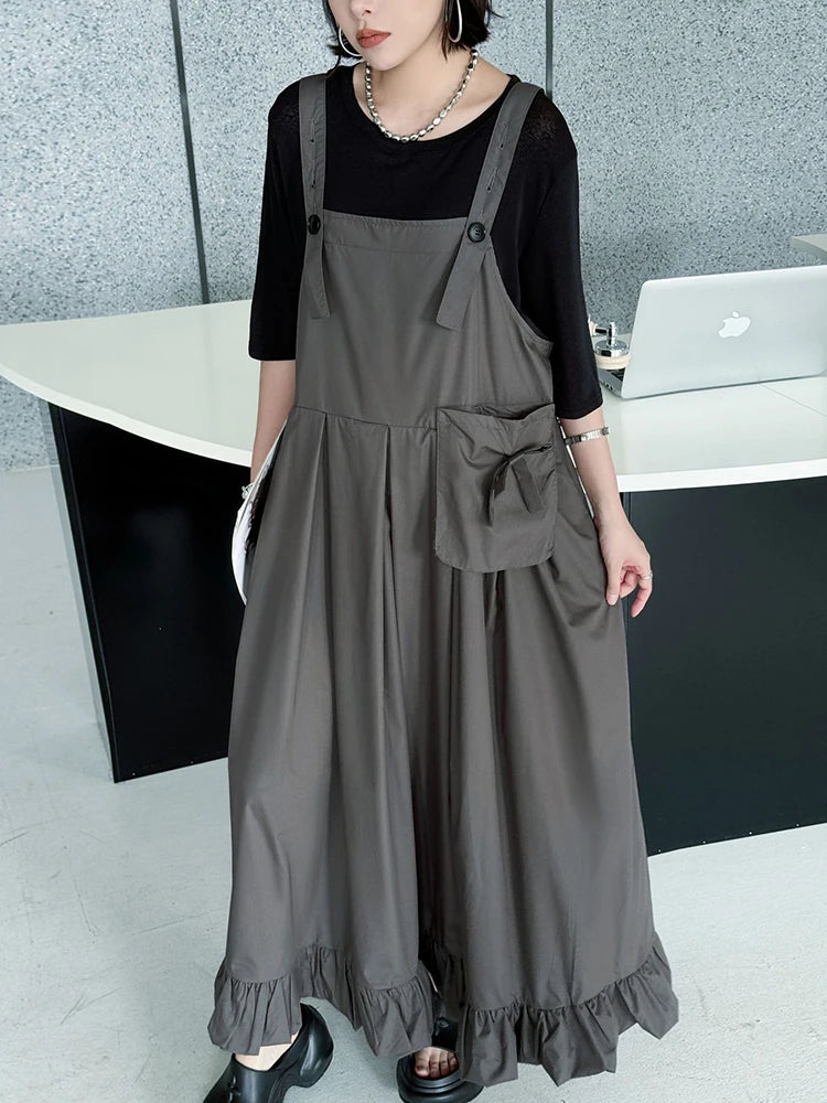 Women Black Ruffles Pocket Big Size Midi Strap Dress New Square Collar Sleeveless Fashion Tide Spring Autumn 2025 1DJ1158