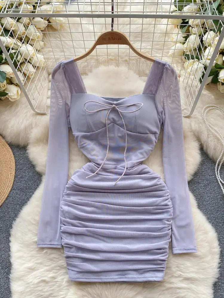 Autumn Women Fashion Black Pink Elegant Sexy Temperament Mesh Short Dress French Purple Square Collar Lace-up Pleated Mini Dress