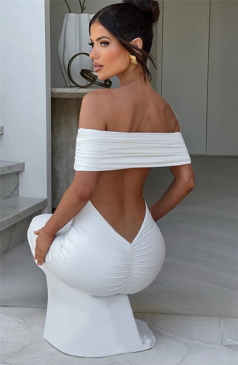 Strapless Backless Sexy Maxi Dress For Women Black Solid Off-shoulder Sleeveless Bodycon Club Party Long Dress Elegant