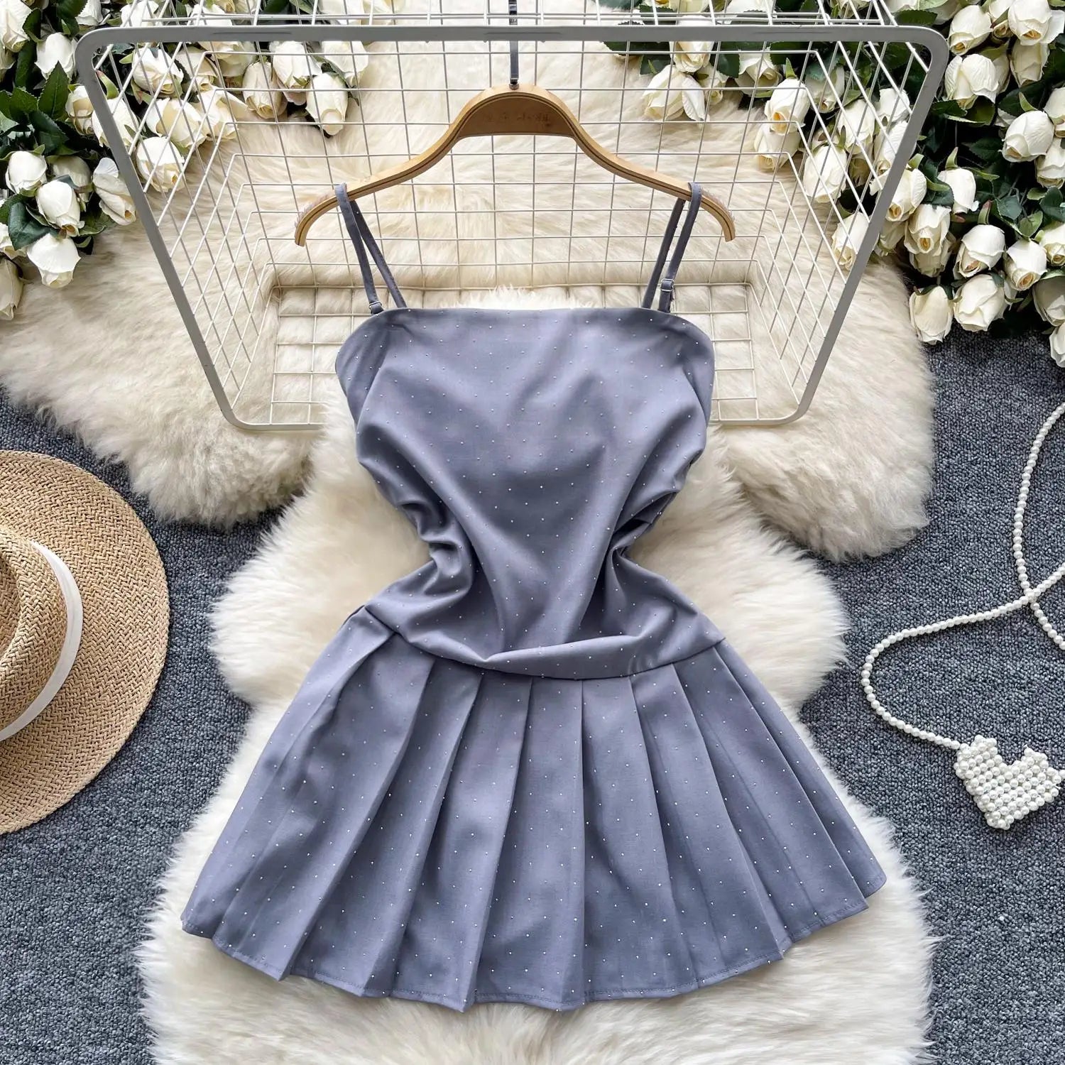 Korean Summer Black Diamond Elegant Party Slip Mini Dress Woman 2024 New Gray Slim A-line Sexy Club Backless Pleated Short Dress