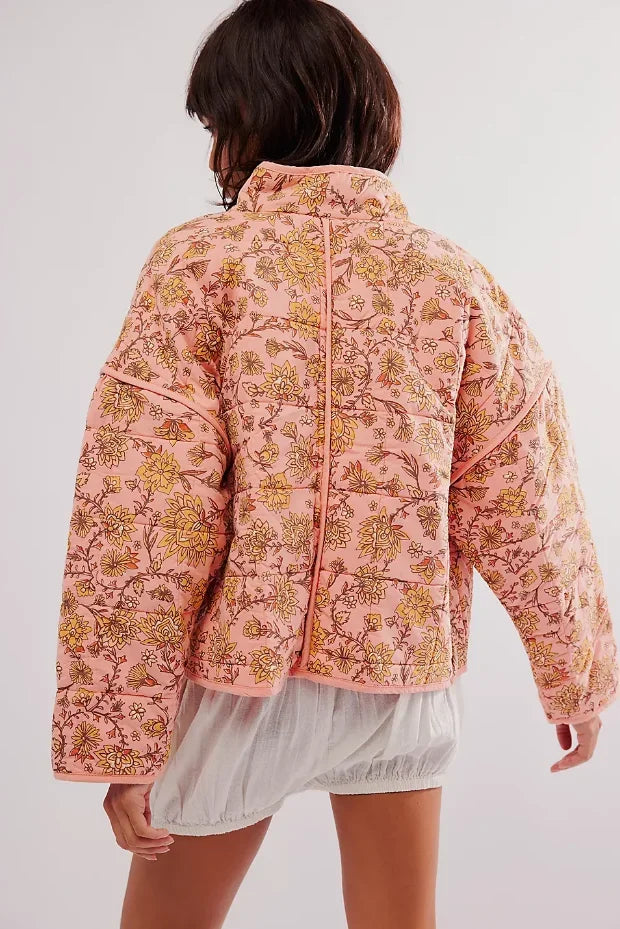 Fashion Women Autumn Short Quilted Coats Flower Print Long Sleeves Coats Chic Loose Single Breasted Jacket 2024