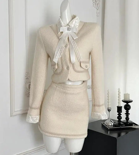 Autumn Winter Vintage Fashion Two Piece Set Women Beige Bow Button Long Sleeves Coat Tops And High Waist A-line Half Short Skirt