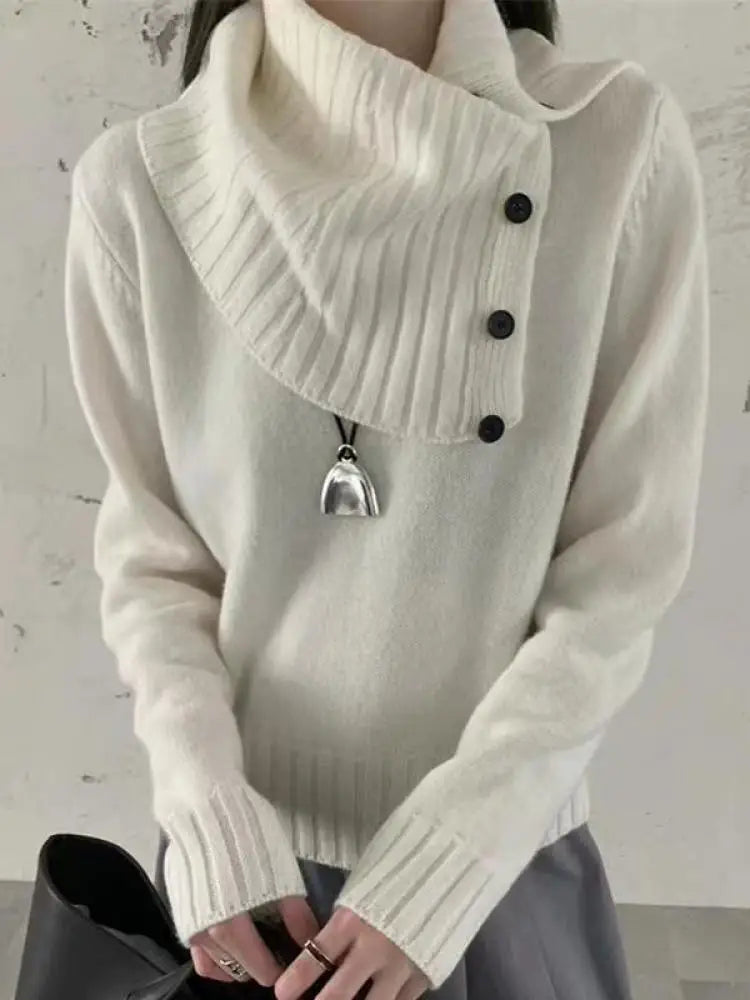 Autumn Winter Grey Long Sleeves Sweater Korean Fashion Women's Beige Holiday Knitted Scarf Tops Casual Versatile Simplicity Chic