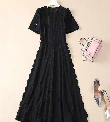 Solid Hollow Out Slimming Temperament Dresses For Women O Neck Short Sleeve High Waist Dress Female Fashion Style