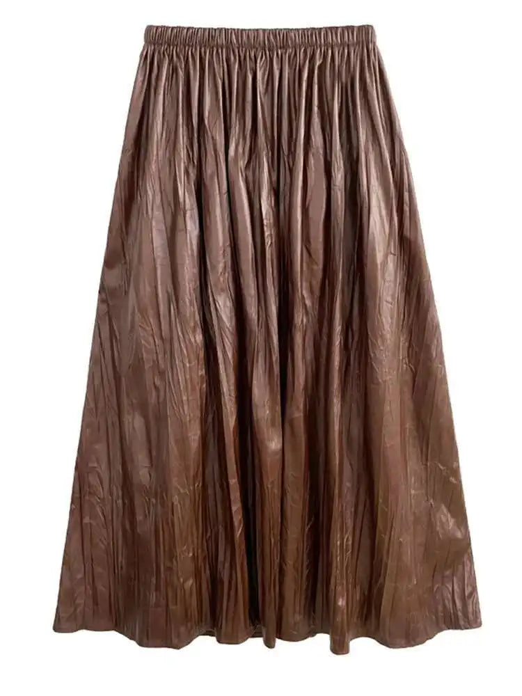 High Elastic Waist Coffee Pleated Midi Pu Leather Half-body Skirt Women Fashion Tide New Spring Autumn 2025 1DH1592