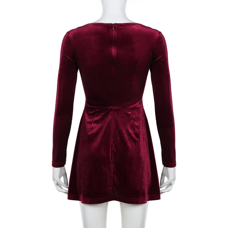 Fashion Elegant Velour Party Dress Long Sleeve A-Line Solid Basic Clubwear Prom Autumn Dress Women Slim V-Neck Clothe