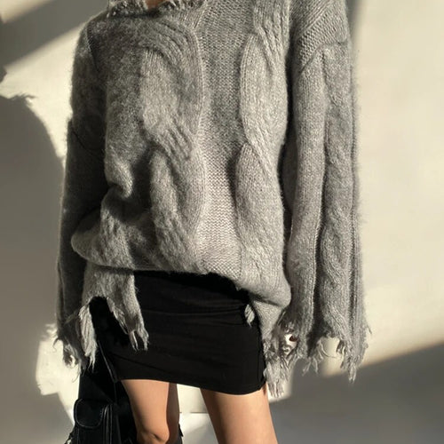 Load image into Gallery viewer, Raw Hem Spliced Tassel Knitting Sweaters For Women Diagonal Collar Long Sleeve Loose Casual Pullover Sweater Female
