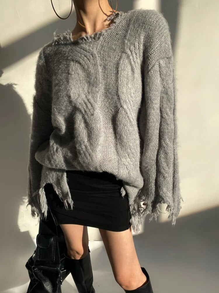 Raw Hem Spliced Tassel Knitting Sweaters For Women Diagonal Collar Long Sleeve Loose Casual Pullover Sweater Female