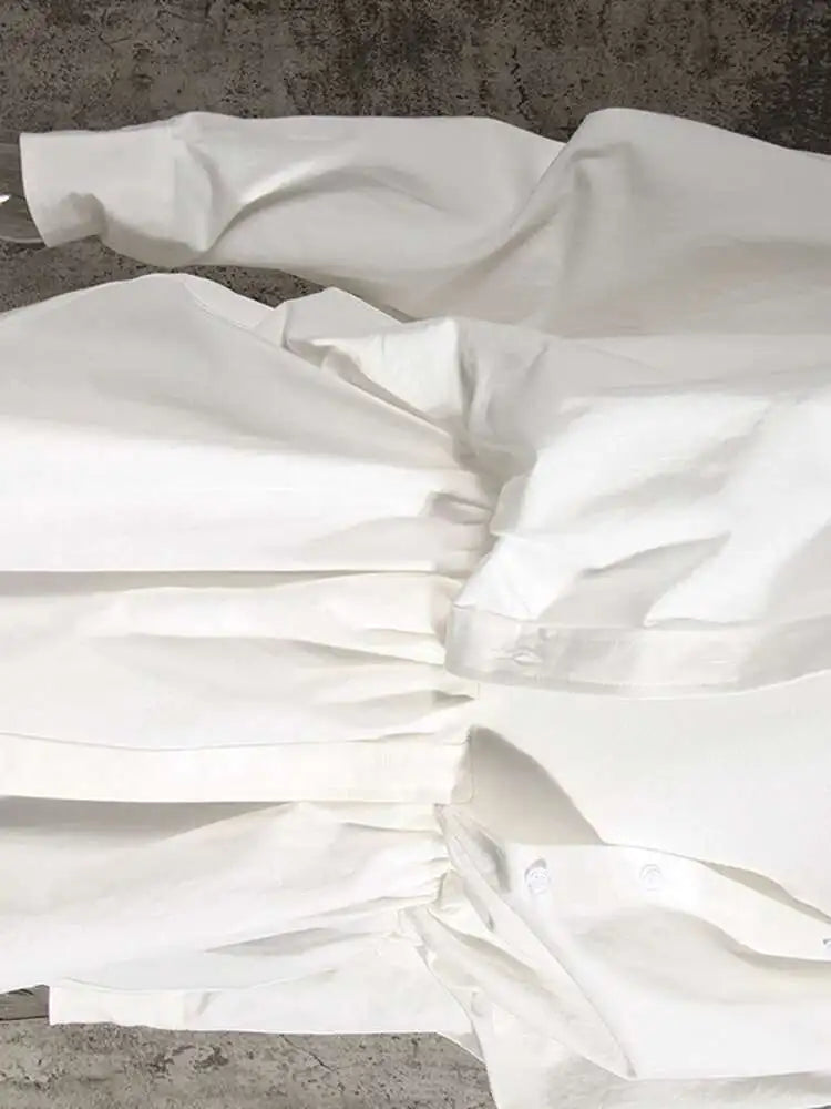 Women White Irregular Knot Split Big Size  Dress New Lapel Long Sleeve Loose Fit Fashion Spring Summer 2025 1X3420