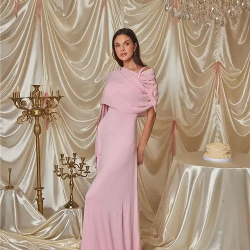 Load image into Gallery viewer, Pink Cape Sleeve Sexy Maxi Dress For Women Off-shoulder Backless Gown Elegant Skew Collar Lace-up Long Dress Vestido
